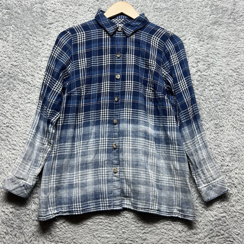 J Jill Top Womens Small Blue Ombre Plaid Button Up Double Cloth Flannel Cotton